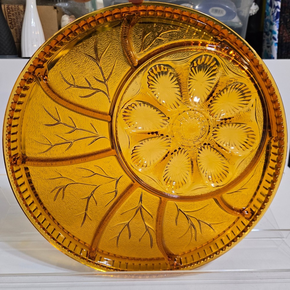 Vintage Indiana Glass Amber Deviled Egg & Relish Tray Divided 13" tree of Life